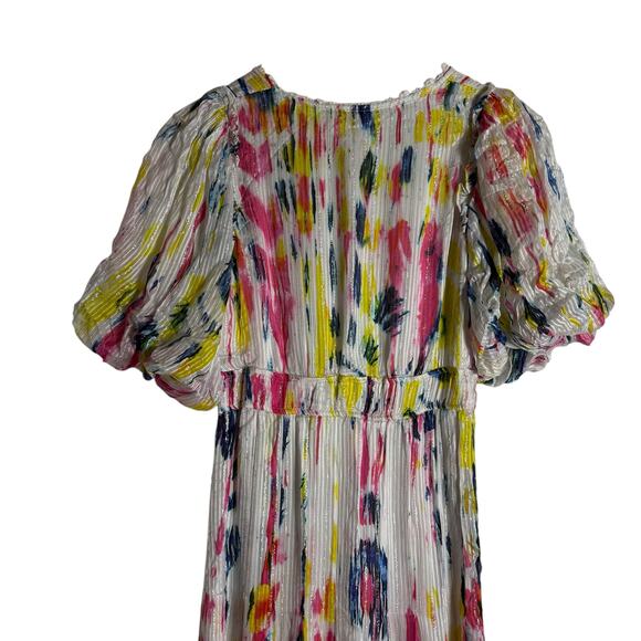 Hemant & Nandita Jorah Multicolor Tie Dye Print V-Neck Puff Sleeve Midi Dress XS - Picture 14 of 16